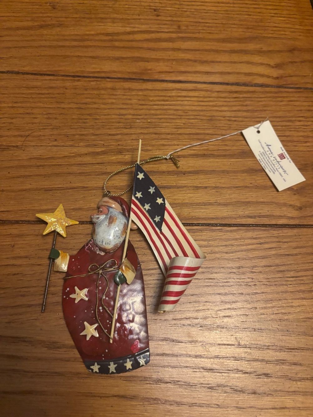 Patriotic Red Santa Ornament with Flag - Home Holiday